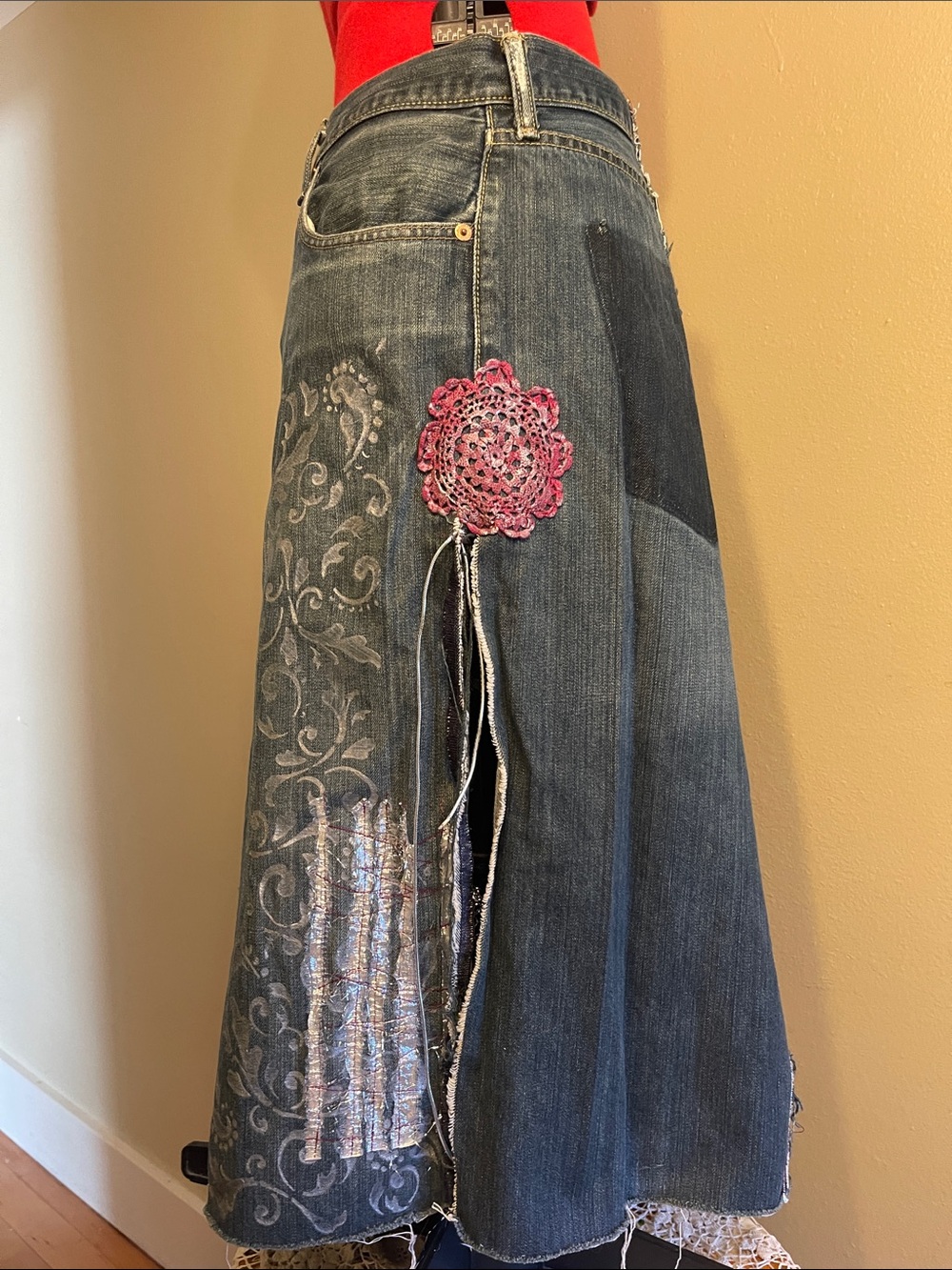 Boho Denim Skirt with White Floral Print. One Of A Kind. Artistically Crafted